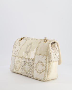 Chanel Cream Patchwork Single Flap Bag in Fabric and Patent Leather with Brushed Gold Hardware