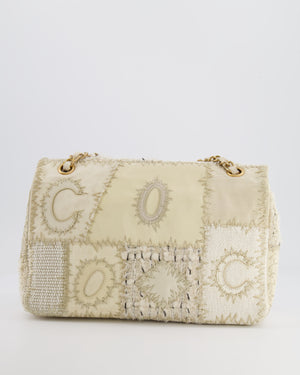 Chanel Cream Patchwork Single Flap Bag in Fabric and Patent Leather with Brushed Gold Hardware