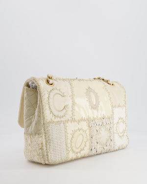 Chanel Cream Patchwork Single Flap Bag in Fabric and Patent Leather with Brushed Gold Hardware