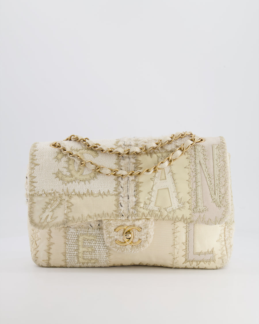 Chanel Cream Patchwork Single Flap Bag in Fabric and Patent Leather with Brushed Gold Hardware