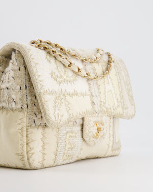 Chanel Cream Patchwork Single Flap Bag in Fabric and Patent Leather with Brushed Gold Hardware