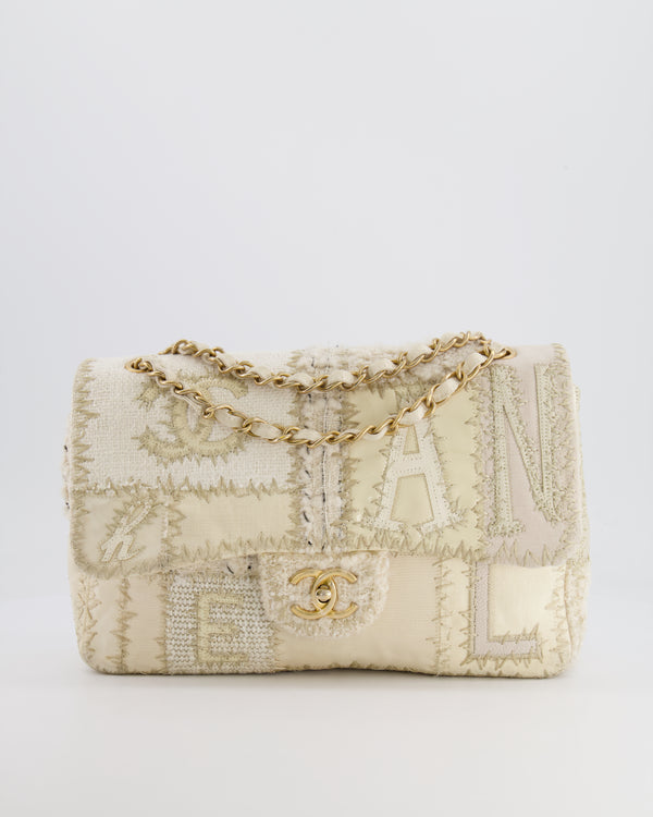 Chanel Cream Patchwork Single Flap Bag in Fabric and Patent Leather with Brushed Gold Hardware