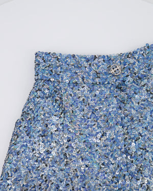 *HOT* Chanel 19P Blue Sequin Cropped Top and Short Set with Embellished Buttons Size FR 34 (UK 6) RRP £9,150