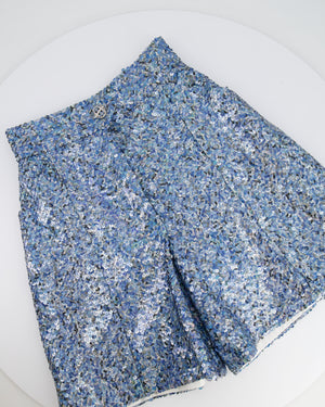 *HOT* Chanel 19P Blue Sequin Cropped Top and Short Set with Embellished Buttons Size FR 34 (UK 6) RRP £9,150