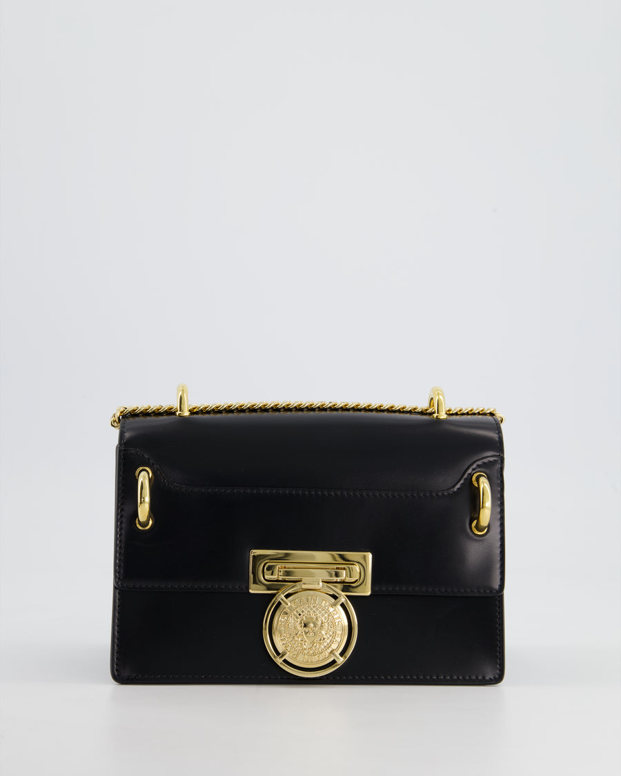 Balmain Black Ring Box 20 Flap Bag in Box Calfskin Leather with Gold Hardware and Medallion Closure Detail