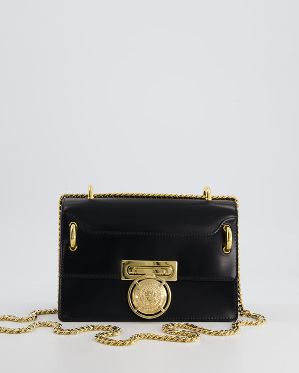 Balmain Black Ring Box 20 Flap Bag in Box Calfskin Leather with Gold Hardware and Medallion Closure Detail