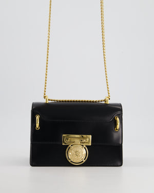 Balmain Black Ring Box 20 Flap Bag in Box Calfskin Leather with Gold Hardware and Medallion Closure Detail