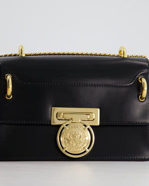 Balmain Black Ring Box 20 Flap Bag in Box Calfskin Leather with Gold Hardware and Medallion Closure Detail