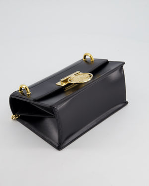 Balmain Black Ring Box 20 Flap Bag in Box Calfskin Leather with Gold Hardware and Medallion Closure Detail