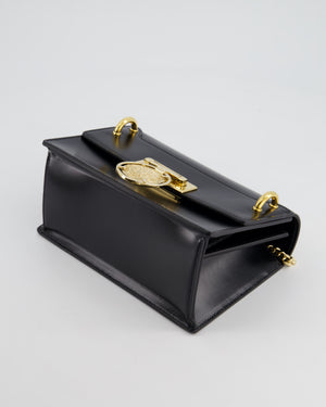 Balmain Black Ring Box 20 Flap Bag in Box Calfskin Leather with Gold Hardware and Medallion Closure Detail