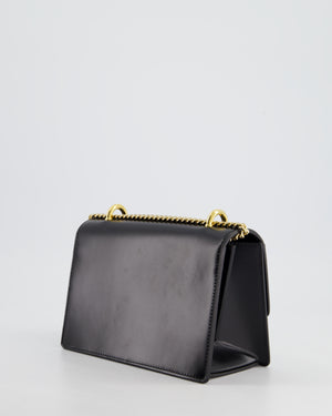 Balmain Black Ring Box 20 Flap Bag in Box Calfskin Leather with Gold Hardware and Medallion Closure Detail