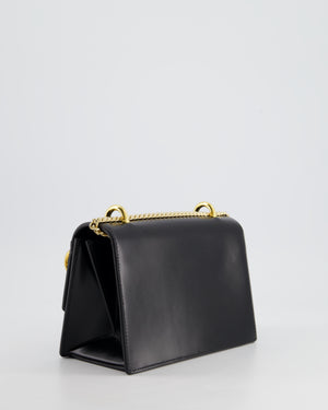 Balmain Black Ring Box 20 Flap Bag in Box Calfskin Leather with Gold Hardware and Medallion Closure Detail