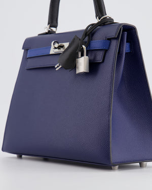 Hermès Kelly 25cm Tricolour Bag in Bleu Saphir, Bleu France and Black Epsom Leather with Palladium Hardware