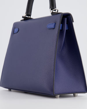 Hermès Kelly 25cm Tricolour Bag in Bleu Saphir, Bleu France and Black Epsom Leather with Palladium Hardware