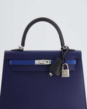 Hermès Kelly 25cm Tricolour Bag in Bleu Saphir, Bleu France and Black Epsom Leather with Palladium Hardware