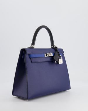 Hermès Kelly 25cm Tricolour Bag in Bleu Saphir, Bleu France and Black Epsom Leather with Palladium Hardware