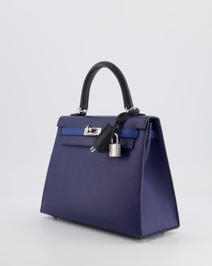 Hermès Kelly 25cm Tricolour Bag in Bleu Saphir, Bleu France and Black Epsom Leather with Palladium Hardware