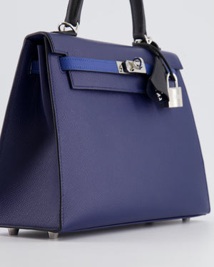 Hermès Kelly 25cm Tricolour Bag in Bleu Saphir, Bleu France and Black Epsom Leather with Palladium Hardware