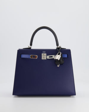 Hermès Kelly 25cm Tricolour Bag in Bleu Saphir, Bleu France and Black Epsom Leather with Palladium Hardware