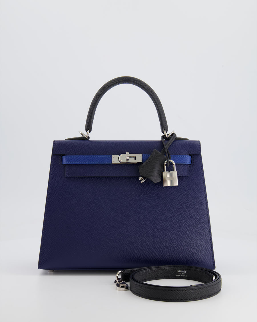 Hermès Kelly 25cm Tricolour Bag in Bleu Saphir, Bleu France and Black Epsom Leather with Palladium Hardware