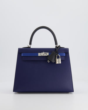 Hermès Kelly 25cm Tricolour Bag in Bleu Saphir, Bleu France and Black Epsom Leather with Palladium Hardware