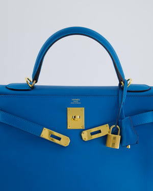 *FIRE PRICE* Hermes Kelly Retourne 32cm in Bleu Mykonos Evercolour Leather with Gold Hardware