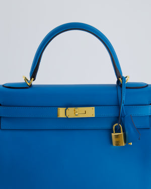 *FIRE PRICE* Hermes Kelly Retourne 32cm in Bleu Mykonos Evercolour Leather with Gold Hardware