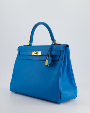 *FIRE PRICE* Hermes Kelly Retourne 32cm in Bleu Mykonos Evercolour Leather with Gold Hardware