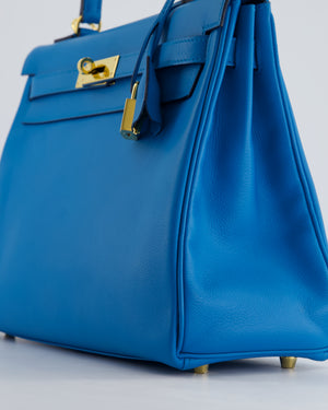 *FIRE PRICE* Hermes Kelly Retourne 32cm in Bleu Mykonos Evercolour Leather with Gold Hardware