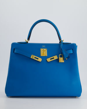 *FIRE PRICE* Hermes Kelly Retourne 32cm in Bleu Mykonos Evercolour Leather with Gold Hardware