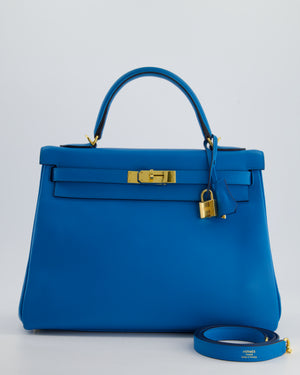 *FIRE PRICE* Hermes Kelly Retourne 32cm in Bleu Mykonos Evercolour Leather with Gold Hardware