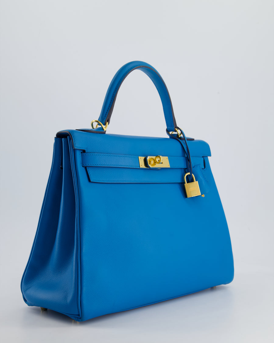 *FIRE PRICE* Hermes Kelly Retourne 32cm in Bleu Mykonos Evercolour Leather with Gold Hardware