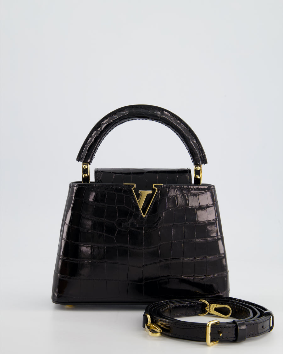 *RARE* Louis Vuitton Black Mini Capucines BB Handbag in Shiny Crocodile Leather with Gold Hardware