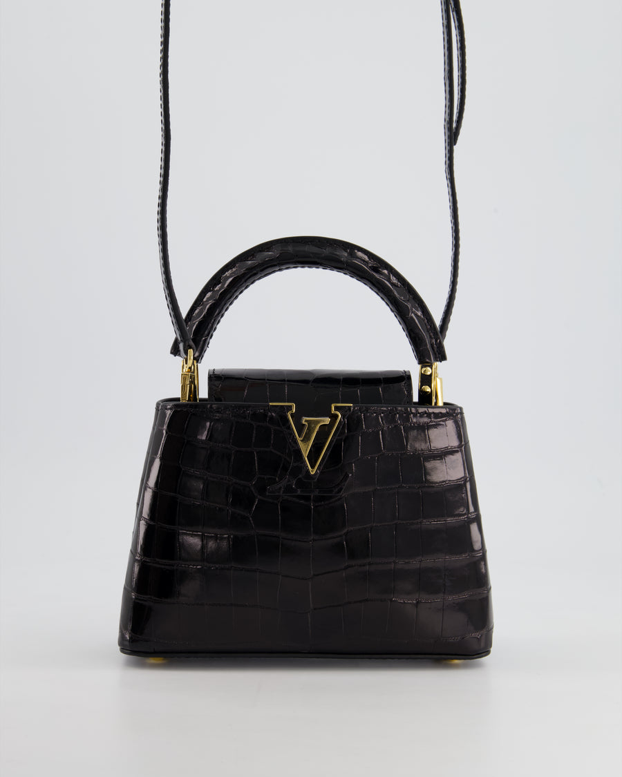 *RARE* Louis Vuitton Black Mini Capucines BB Handbag in Shiny Crocodile Leather with Gold Hardware