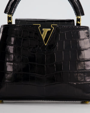 *RARE* Louis Vuitton Black Mini Capucines BB Handbag in Shiny Crocodile Leather with Gold Hardware