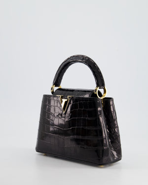 *RARE* Louis Vuitton Black Mini Capucines BB Handbag in Shiny Crocodile Leather with Gold Hardware