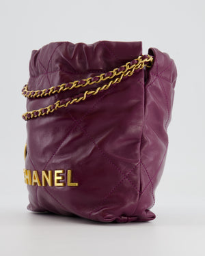 *FIRE PRICE* Chanel Mini 22 Bag in Plum Calfskin Leather with Brushed Gold Hardware