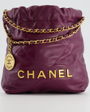 *FIRE PRICE* Chanel Mini 22 Bag in Plum Calfskin Leather with Brushed Gold Hardware