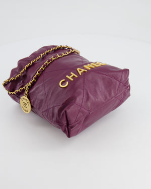 *FIRE PRICE* Chanel Mini 22 Bag in Plum Calfskin Leather with Brushed Gold Hardware