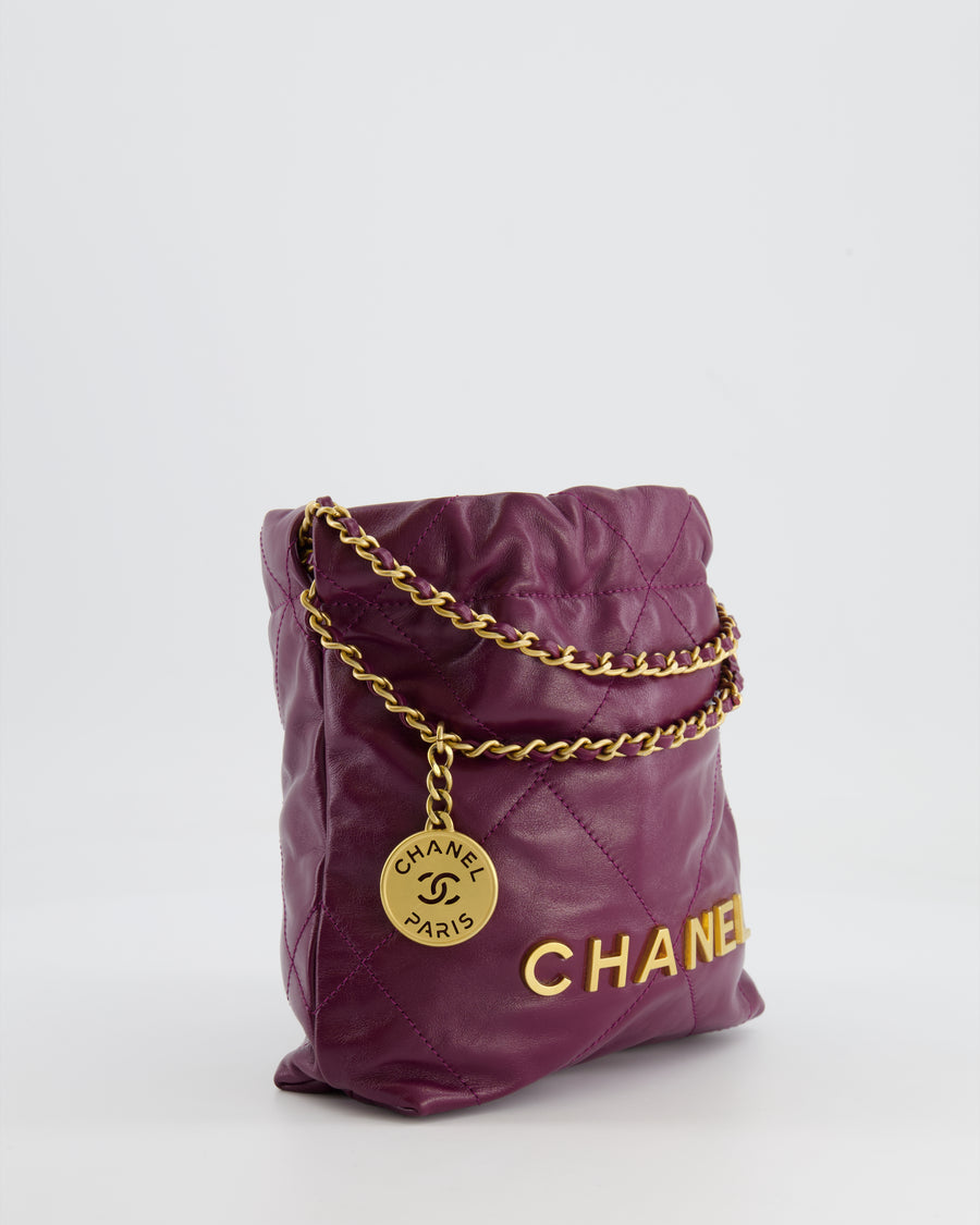 *FIRE PRICE* Chanel Mini 22 Bag in Plum Calfskin Leather with Brushed Gold Hardware