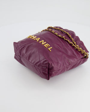 *FIRE PRICE* Chanel Mini 22 Bag in Plum Calfskin Leather with Brushed Gold Hardware