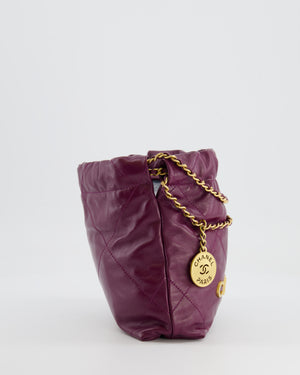 *FIRE PRICE* Chanel Mini 22 Bag in Plum Calfskin Leather with Brushed Gold Hardware