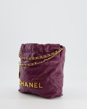 *FIRE PRICE* Chanel Mini 22 Bag in Plum Calfskin Leather with Brushed Gold Hardware