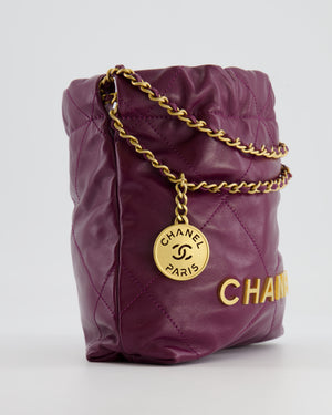 *FIRE PRICE* Chanel Mini 22 Bag in Plum Calfskin Leather with Brushed Gold Hardware