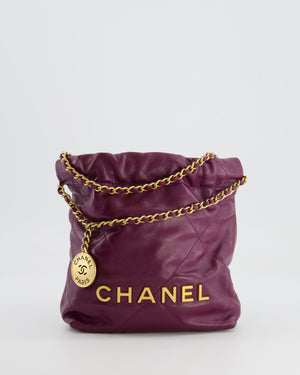 *FIRE PRICE* Chanel Mini 22 Bag in Plum Calfskin Leather with Brushed Gold Hardware