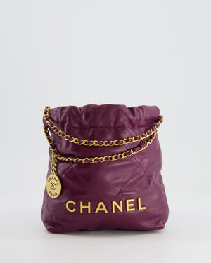 *FIRE PRICE* Chanel Mini 22 Bag in Plum Calfskin Leather with Brushed Gold Hardware