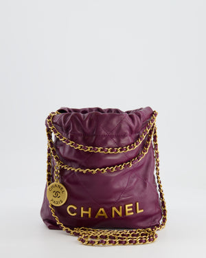 *FIRE PRICE* Chanel Mini 22 Bag in Plum Calfskin Leather with Brushed Gold Hardware