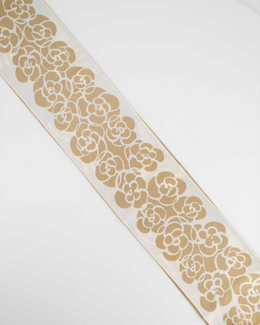 Chanel Gold, Cream and Blue Silk Camelia Printed Scarf