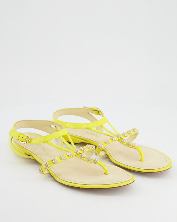 Chanel Yellow Patent Sandals with Camelia Gold Detail and CC Logo Detail Size EU 39