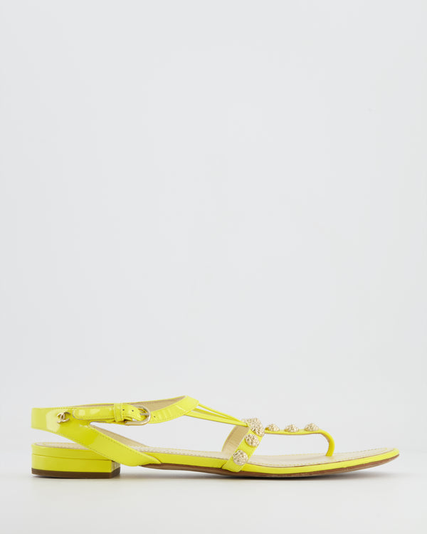 Chanel Yellow Patent Sandals with Camelia Gold Detail and CC Logo Detail Size EU 39